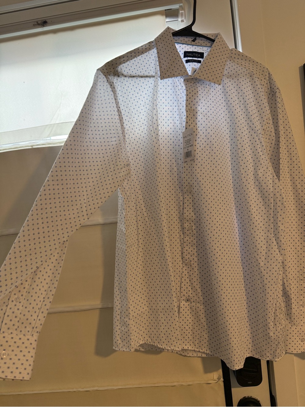 Nautica Men's White Dress Shirt with Blue Micro-Dot Print XL